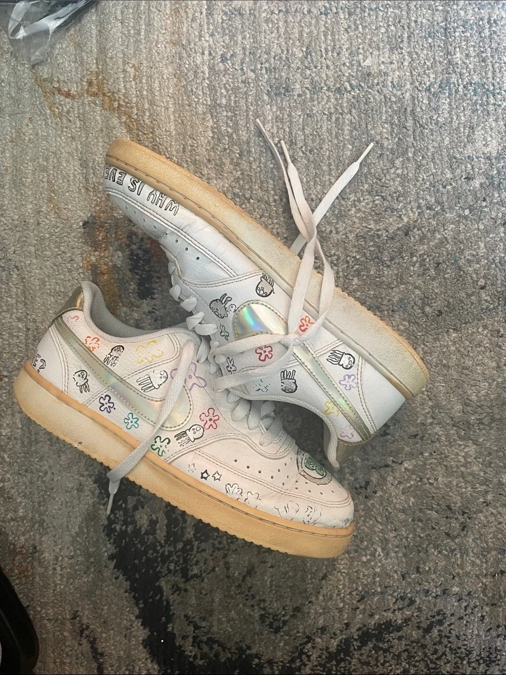 Custom Nike Kids White Sneakers with Multicolor Doodle Accents